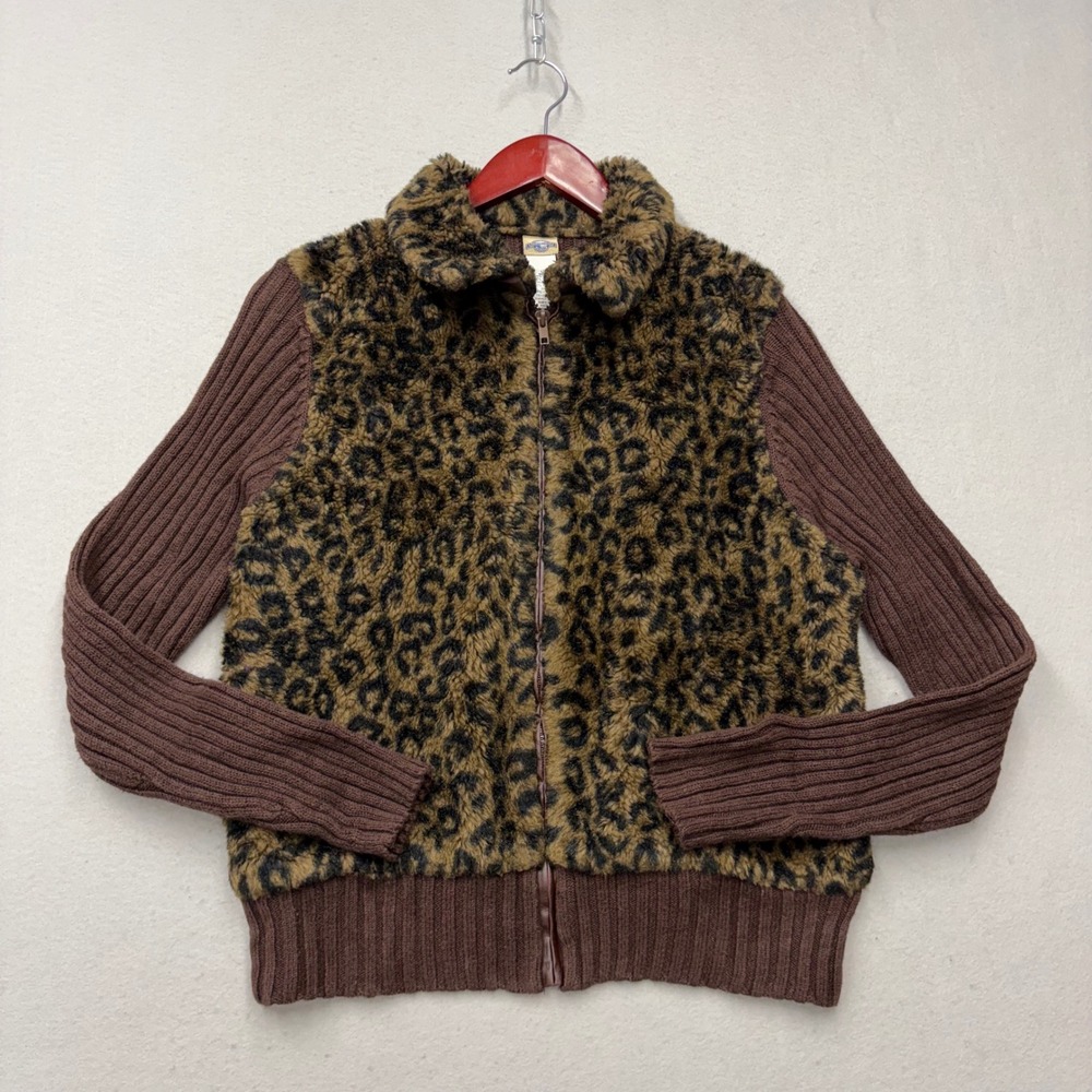 Shaver Lake Cardigan Sweater Women L Brown Leopard Faux Fur Full Zip Y2K Ribbed